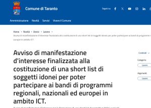 Short list di soggetti idonei a partecipare ai bandi ICT, la Rpt Ionica chiede al Comune di Taranto il ritiro o la rettifica dell’avviso